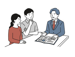 Fototapeta premium 若い夫婦と男性ビジネスマンの商談イラスト マイホーム・住宅ローン・保険相談・営業