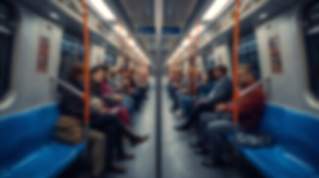 Blurred interior of a subway train carriage with passengers commuting.