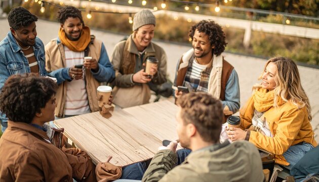 Multiethnic friends gather outdoors, sharing coffee and smiles around a rustic wooden table.