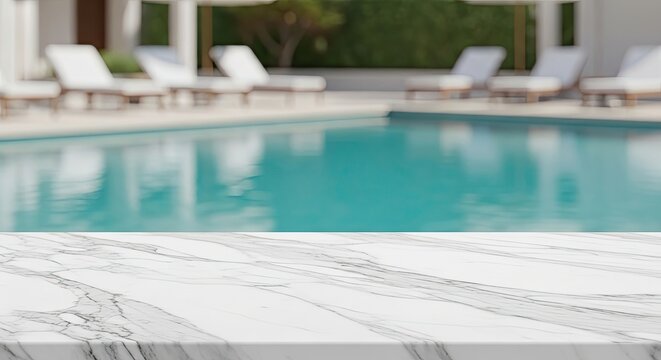 Luxury Resort Poolside Marble Surface Foreground with Blurry Lounge Chairs and Turquoise Water Background