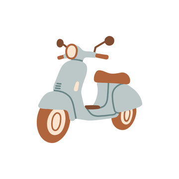Retro light blue moped vector illustration with brown leather seat and mirrors. Classic Italian style motor scooter graphic element for summer travel, delivery, and stickers