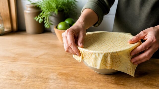 Hands covering bowl with bee-patterned beeswax wrap on wooden table, sustainable kitchen storage with copy space