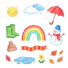 Set of hand drawn weather and seasonal icons