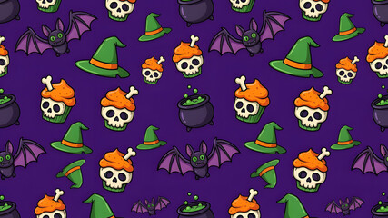 Obraz premium Spooky Cartoon Halloween Seamless Pattern Featuring Witch Hats, Skulls, Bats, and Magic Cauldrons on Purple Backdrop
