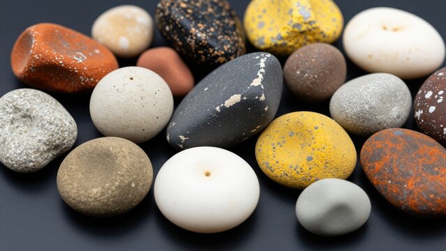 Close-up of colorful smooth river stones and pebbles on dark background, natural textured rocks for landscaping and decoration