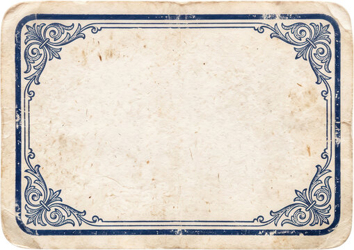 Vintage aged paper sheet featuring ornate blue decorative border with corner flourishes and aged texture frame antique old scroll parchment retro design grunge card certificate