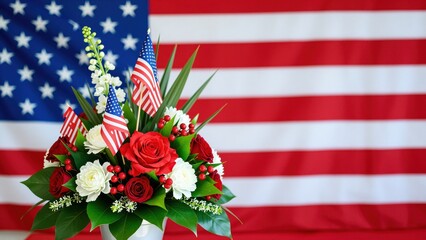 Obraz premium American patriotic floral arrangement with red roses, white carnations, small American flags, and green foliage against a waving American flag background