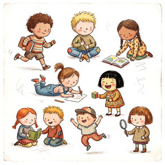 Cute diverse children playing and learning illustration