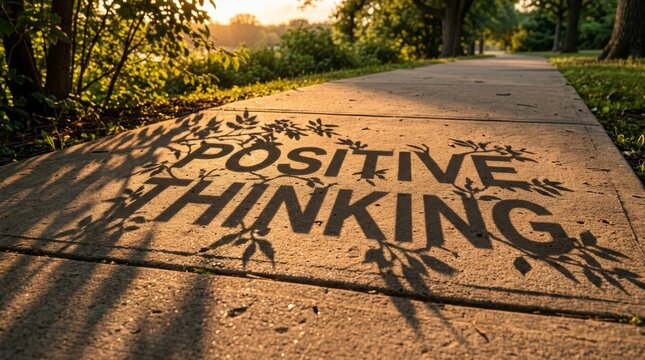 Positive Thinking shadow text cast on a sunlit park sidewalk.