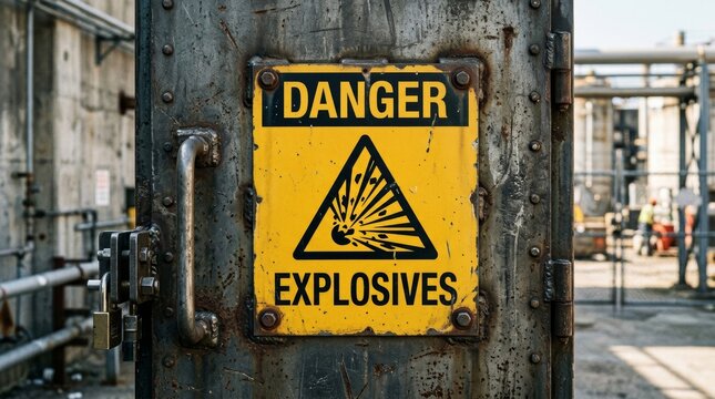 Danger Explosives Warning Sign on a Heavy Industrial Metal Door.