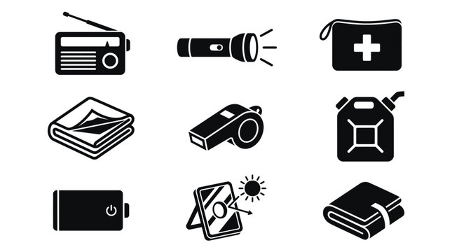 A collection of nine black and white icons depicting essential emergency and survival preparedness items such as a radio, flashlight, first aid kit, and power bank.
