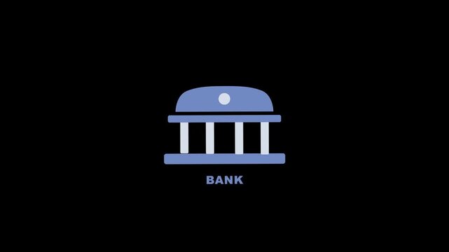 Minimal animated bank building icon representing banking services, financial institutions, savings, loans and secure money management.