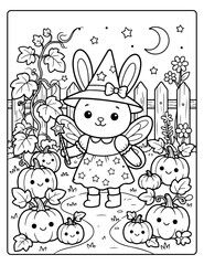 Fototapeta premium Halloween coloring page with spooky objects, hand drawn cute Halloween coloring Page 