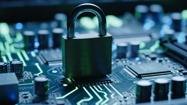 Padlock on glowing computer circuit board for digital security