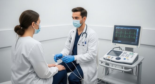 Doctor performs EKG on patient in clinic, both wearing masks, EKG machine monitors heart rhythm