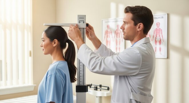 Doctor measures young woman's height in medical examination room