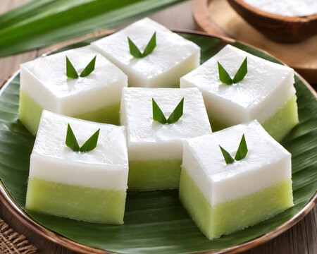 Kue Talam, a mouth-watering layered sweet dish of coconut and pandan, beautifully arranged on a banana leaf, evokes the taste buds of traditional Southeast Asian snacks and Indonesian culinary heritag