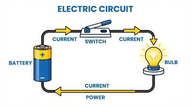 Electric circuit diagram illustrating current flow and components. Technical schematic of electrical connections and power distribution.