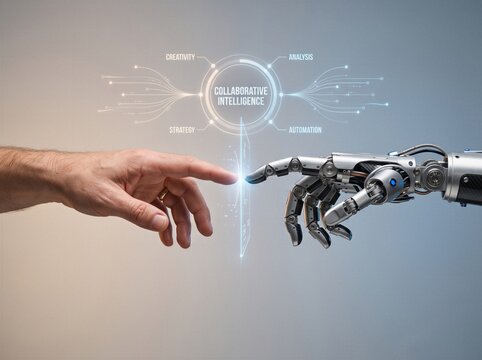 Human hand and robot hand touching digital screen interface for collaborative intelligence and automation