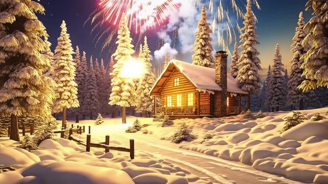 Cozy Log Cabin in Snowy Forest with Fireworks