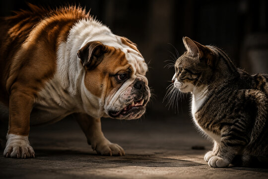 A bulldog and a cat locked in a tense stare, with raised hackles and bared teeth.