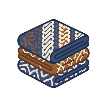 Vector illustration of a stack of three folded Indonesian batik fabrics featuring traditional navy blue and brown parang and geometric patterns on a white background.