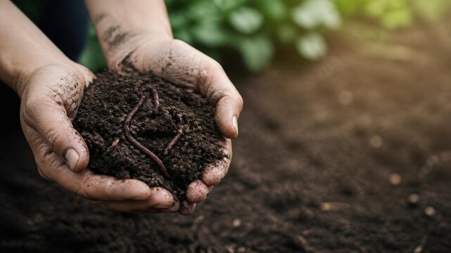 Hands holding rich dark compost soil with earthworms in garden, sustainable vermicomposting concept with copy space