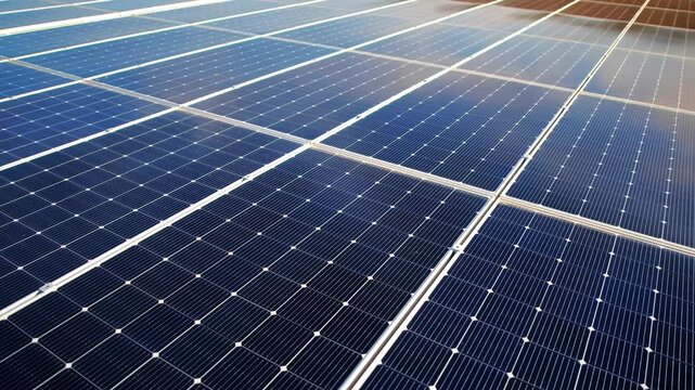 Solar panels surface reflecting bright sunlight generating renewable electricity in sustainable power plant facility.