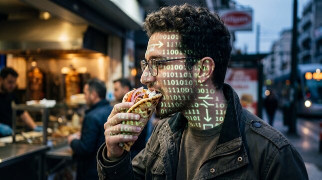 Man Eating Street Food with Digital Binary Code Projected on Face