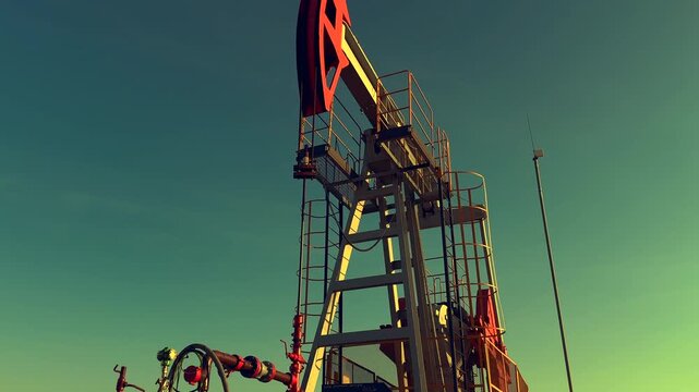 Oil extraction in oil field on sunset. Extraction of petroleum. Crude Oil Production. Crude pump jack working on oil field. Crude Pumpjack on sunrise. Industrial petroleum industry.
