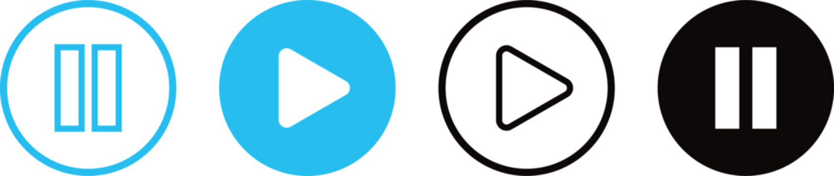 Set of play and pause media control buttons with blue and black circle icons
