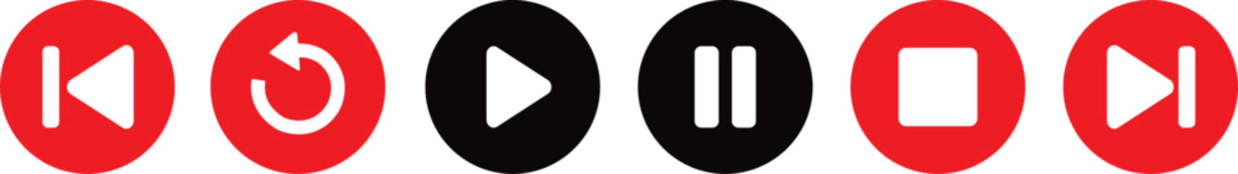 Set of media player control icons with play pause stop skip and repeat buttons in red and black circles isolated on a white background