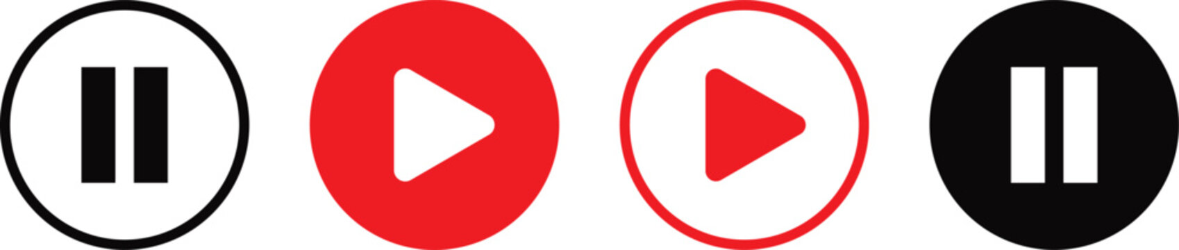Set of play and pause media control buttons with circular icons in red and black colors
