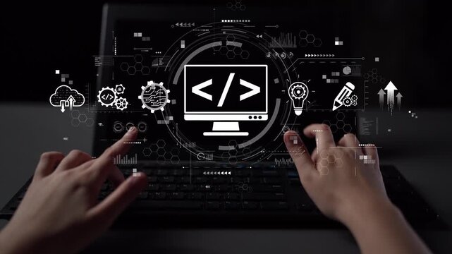 Modern web development concept featuring coding symbols, web development process, web development interface, and web development tools with futuristic design. Muxer