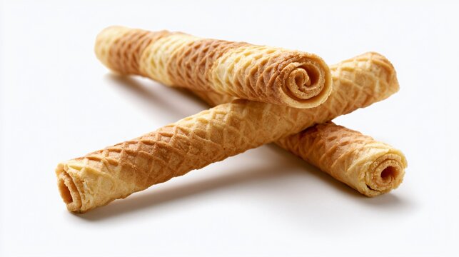 Delicious Crossed Rolled Wafer Sticks with Spiral Texture on White Background