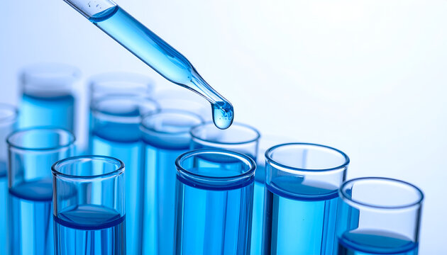 Close-up of laboratory equipment, a pipette dispensing blue liquid into a test tube amongst a group of others, suggesting scientific experimentation