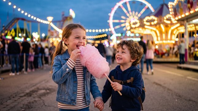 Joyful siblings sharing pink cotton candy at a vibrant amusement park during twilight