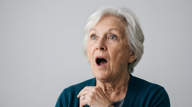 Surprised elderly woman with short gray hair looking up.
