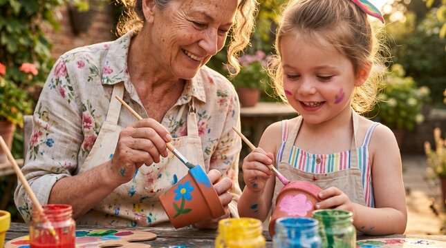 Grandmother and granddaughter painting flower pots together outdoors in a garden during golden hour