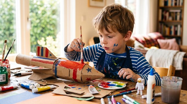 Young boy enthusiastically painting a homemade cardboard rocket ship with red and blue paint