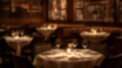 Fototapeta premium Blurred background of an elegant fine dining restaurant interior with candlelit tables.