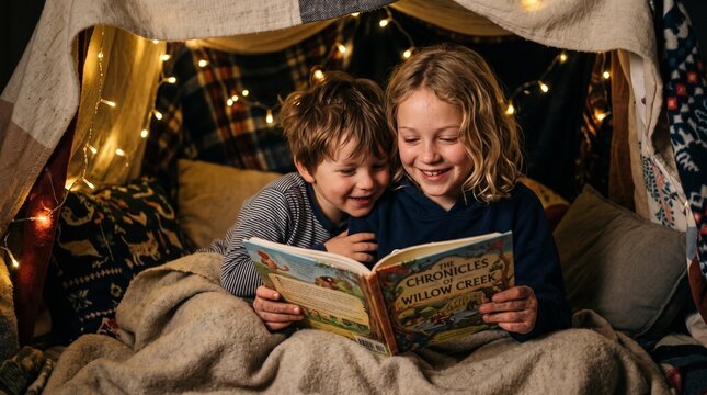 Two happy children reading a book together in a cozy blanket fort illuminated by fairy lights