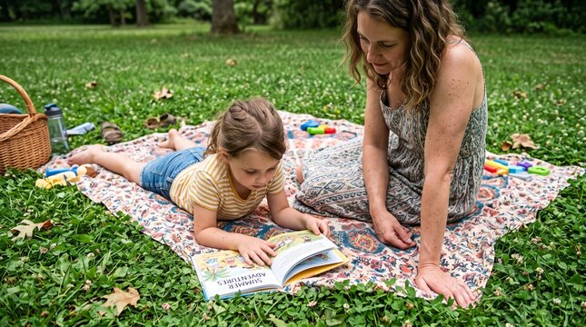 Mother and daughter enjoying a picnic and reading a book together outdoors in a grassy park on a sunny day