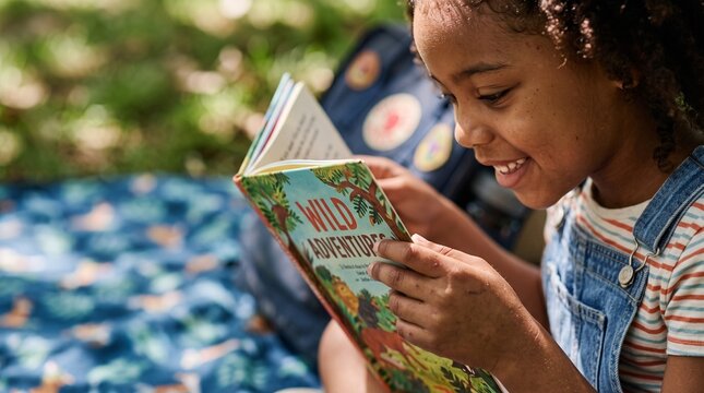 Young girl with curly hair reading a book titled Wild Adventures outdoors on a blanket