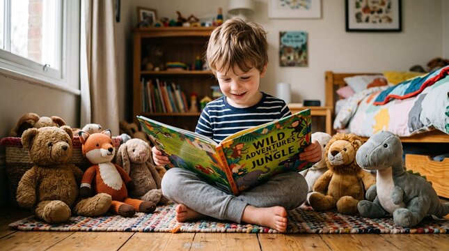 Young boy engrossed in reading a jungle adventure book surrounded by stuffed animals in a cozy bedroom