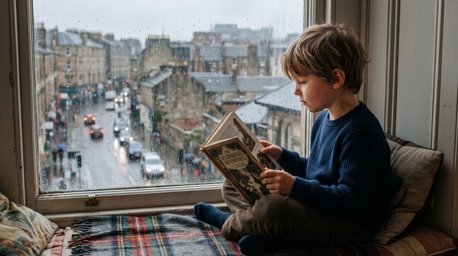 Young boy reads a book by the window on a rainy day overlooking a city street