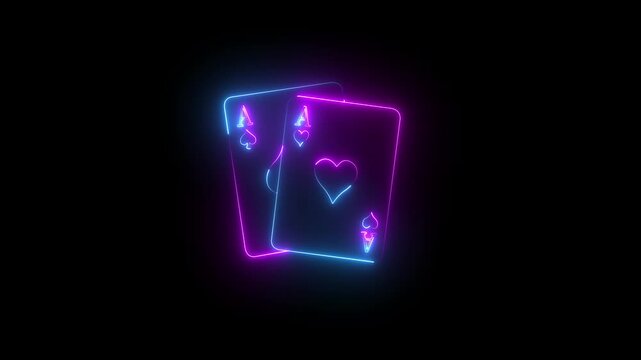 glowing neon playing card icon isolated on black background. Glowing neon ace of spades playing card icon in blue light on dark background with reflection on surface. 4k video