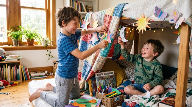 Two happy young boys decorating a homemade fort with handmade celestial and butterfly cutouts