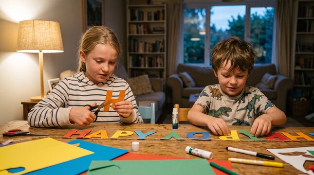Two children making a Happy Birthday banner at a wooden table with colorful paper and craft supplies