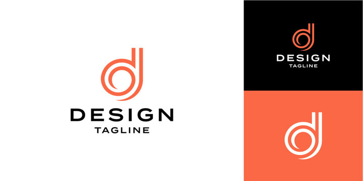 Monogram letter D logo design created with parallel curved lines on contrasting backgrounds.
